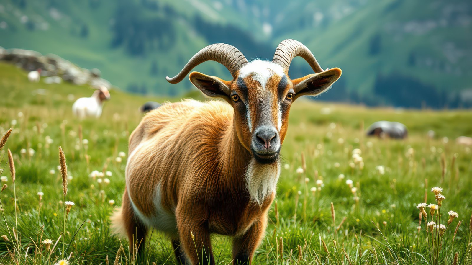 Goat standing in a lush green meadow with mountains in the background during a sunny day